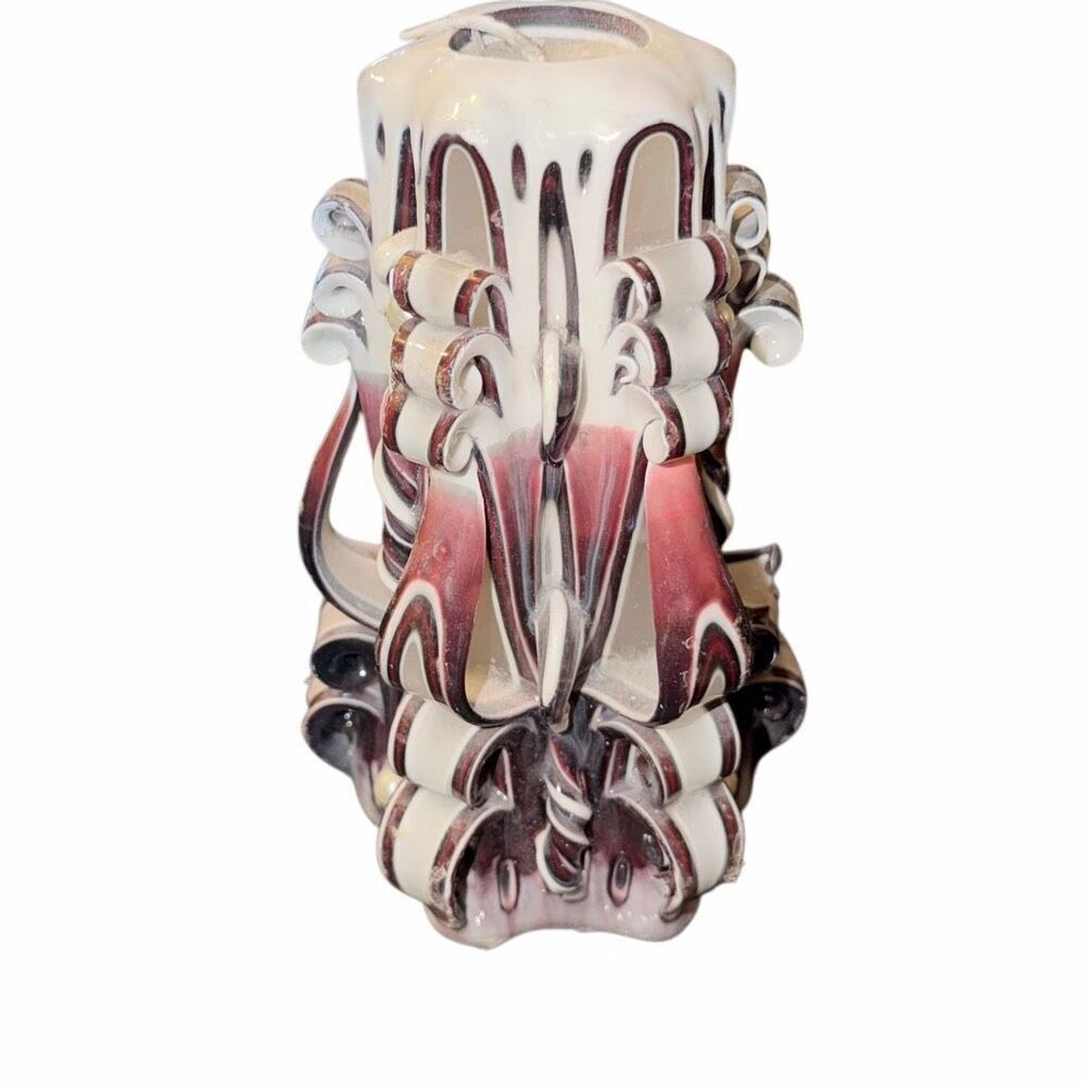 HAND CARVED CANDLE UNLIT layered white, maroon, black twirl fire pillar MCM